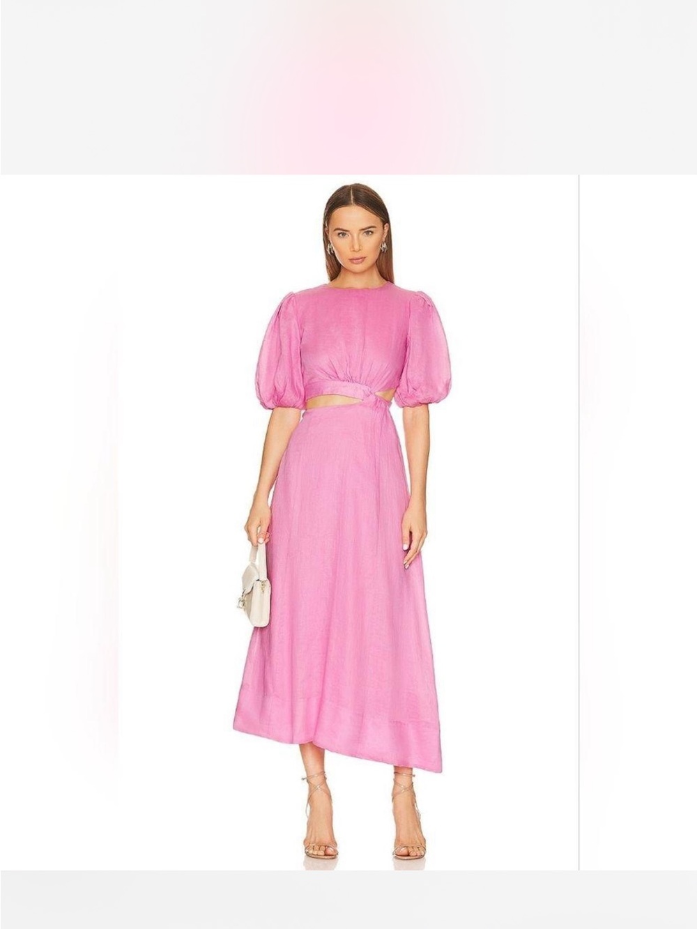 Bardot Pink Impala Puff-Sleeve Midi Dress with Cutout Waist size Large